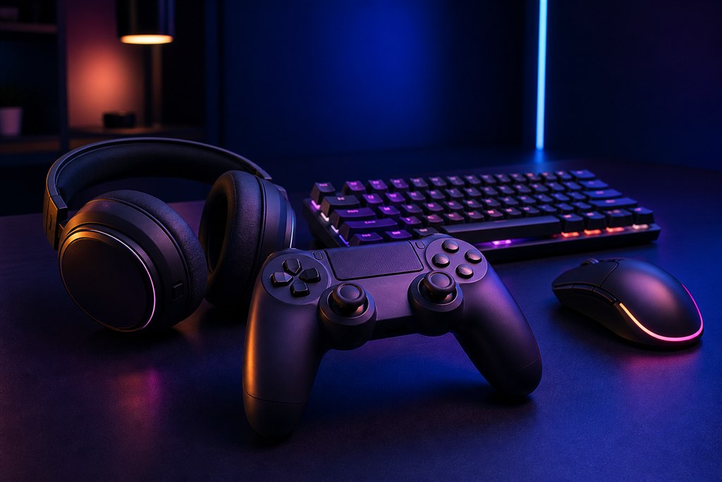 Une manette, un casque, un clavier et une souris gaming éclairés par des néons