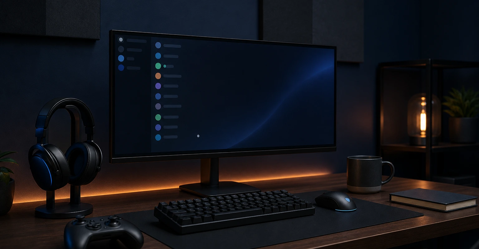 Bureau gaming réaliste avec écran, casque, clavier, souris et manette