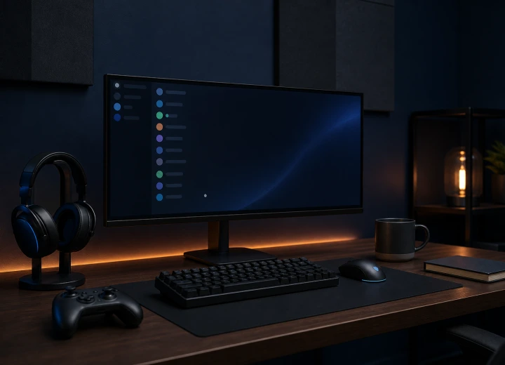Bureau gaming réaliste avec écran, casque, clavier, souris et manette