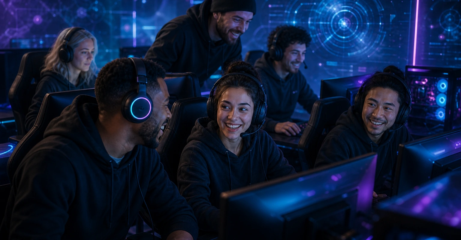 Des joueuses et joueurs partagent une session dans une salle gaming bleu cyan
