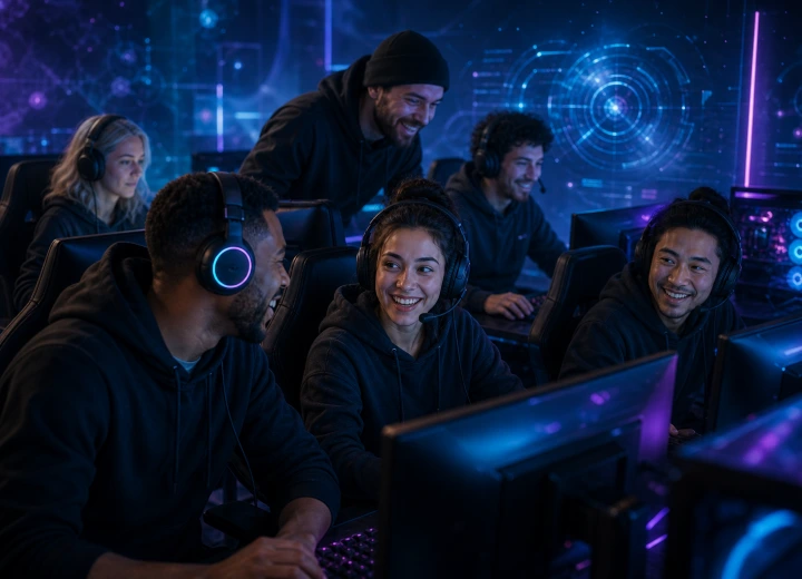 Des joueuses et joueurs partagent une session dans une salle gaming bleu cyan
