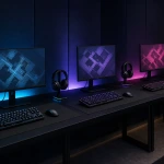 Trois postes gaming réalistes éclairés en cyan, violet et magenta
