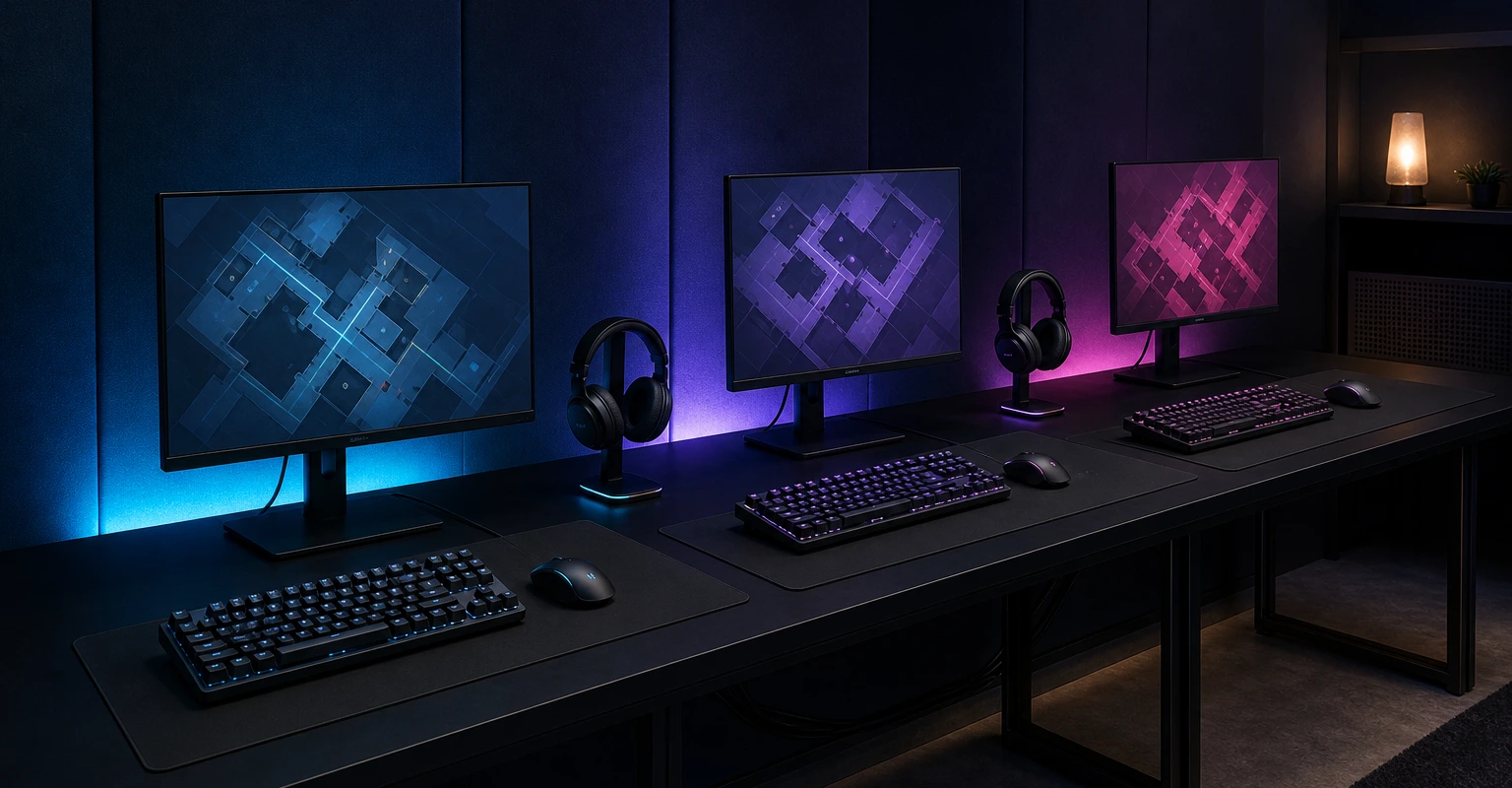 Trois postes gaming réalistes éclairés en cyan, violet et magenta