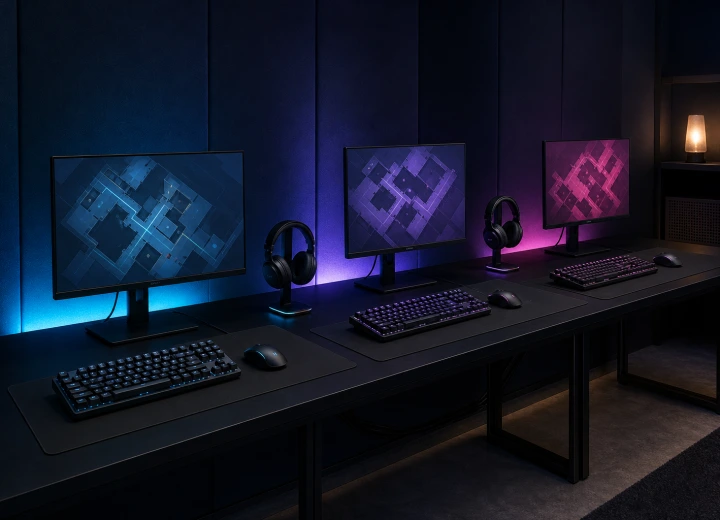 Trois postes gaming réalistes éclairés en cyan, violet et magenta