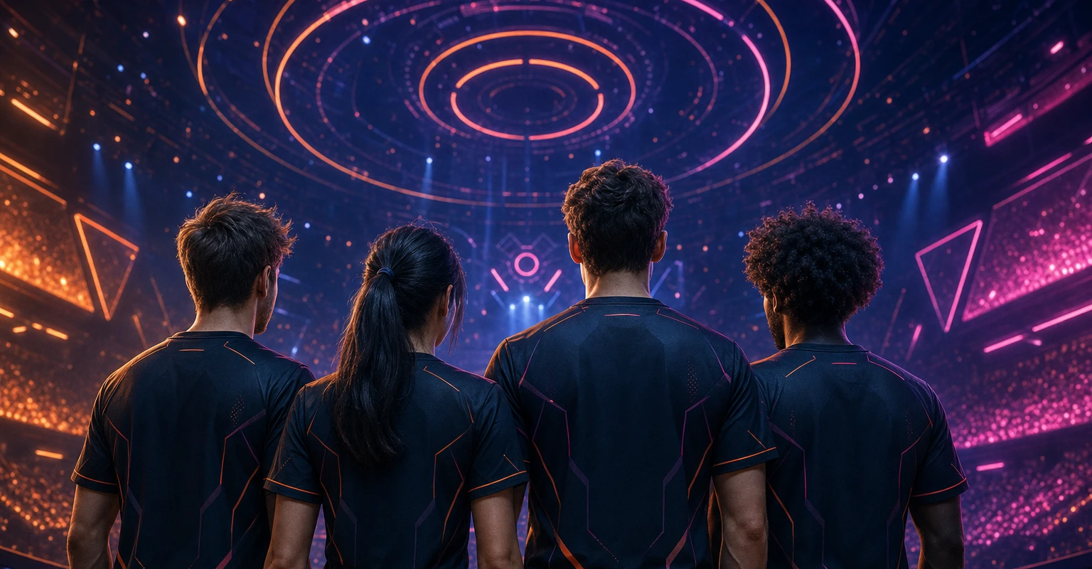 Quatre joueurs réunis dans une arène esport éclairée en orange et rose néon