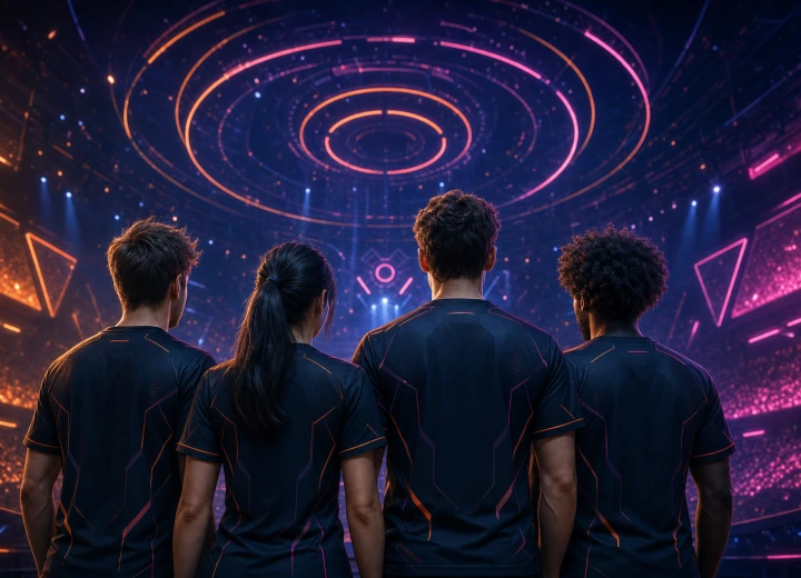 Quatre joueurs réunis dans une arène esport éclairée en orange et rose néon