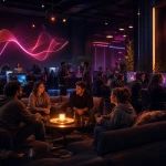 Une soirée communautaire conviviale dans un espace gaming orange et magenta