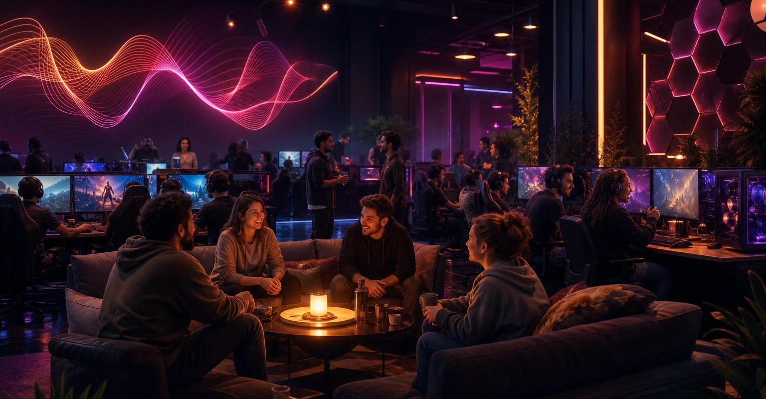 Une soirée communautaire conviviale dans un espace gaming orange et magenta