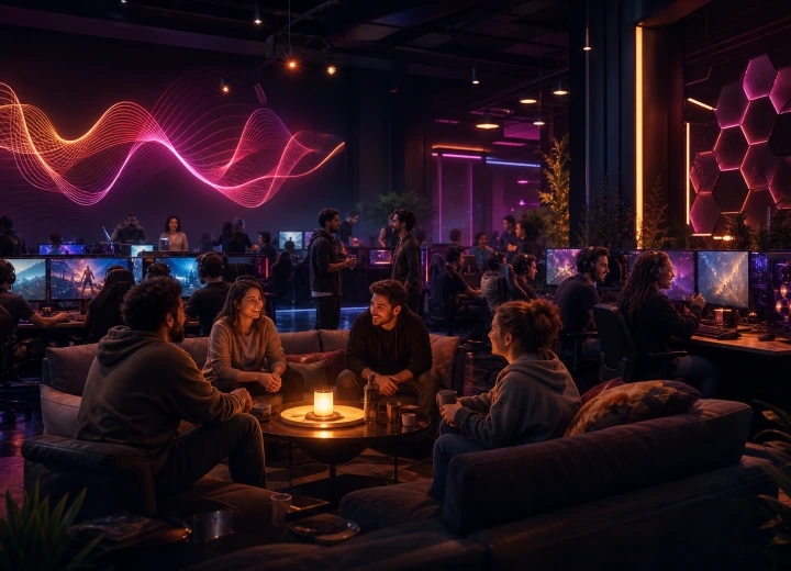 Une soirée communautaire conviviale dans un espace gaming orange et magenta