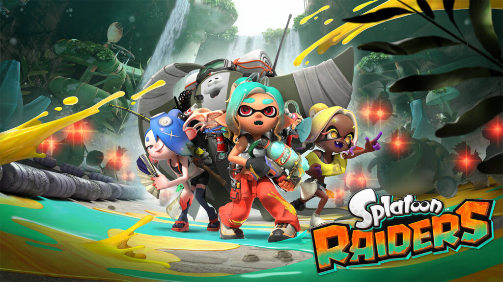Illustration Splatoon Raiders avec un Inkling et un Bot Buddy sur la plage