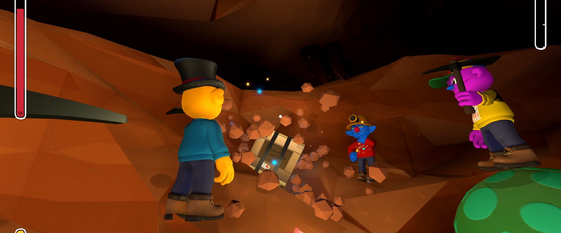 Quatre joueurs explorent une caverne dans Pratfall