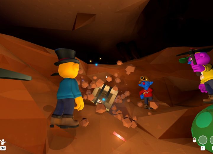 Quatre joueurs explorent une caverne dans Pratfall